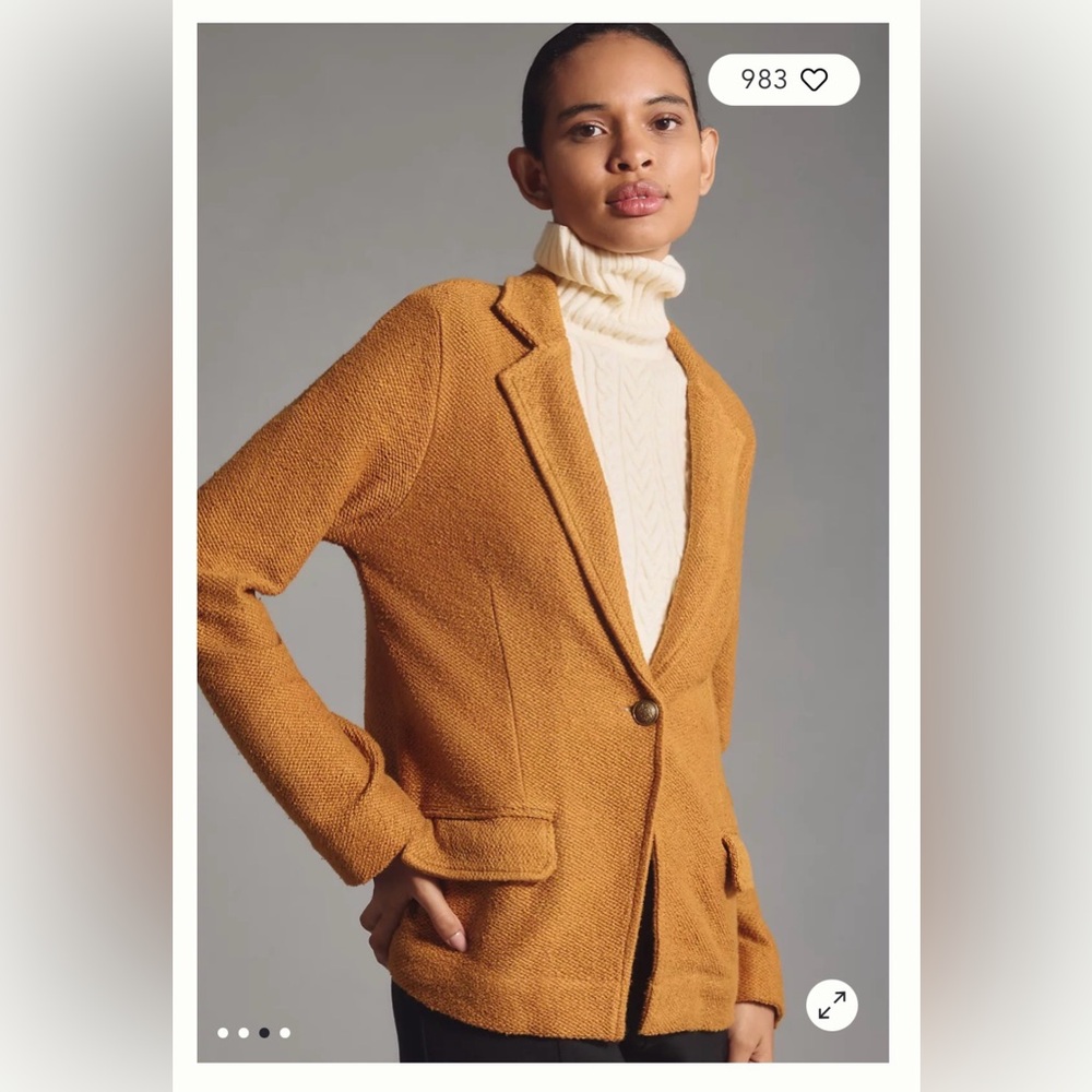 Anthropologie Maeve Textured Single Button Relaxed Blazer - Mustard Brown Size L - Picture 3 of 17